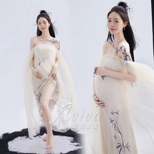 一字肩连衣裙礼服 写真拍照服装 2022新款 复古国风水墨画艺术孕妇装
