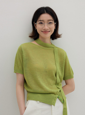 「飘带短袖」静奢欧货｜2026夏季薄款毛衣果绿色T恤针织衫上衣女