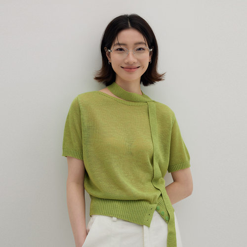 「飘带短袖」静奢欧货｜2026夏季薄款毛衣果绿色T恤针织衫上衣女