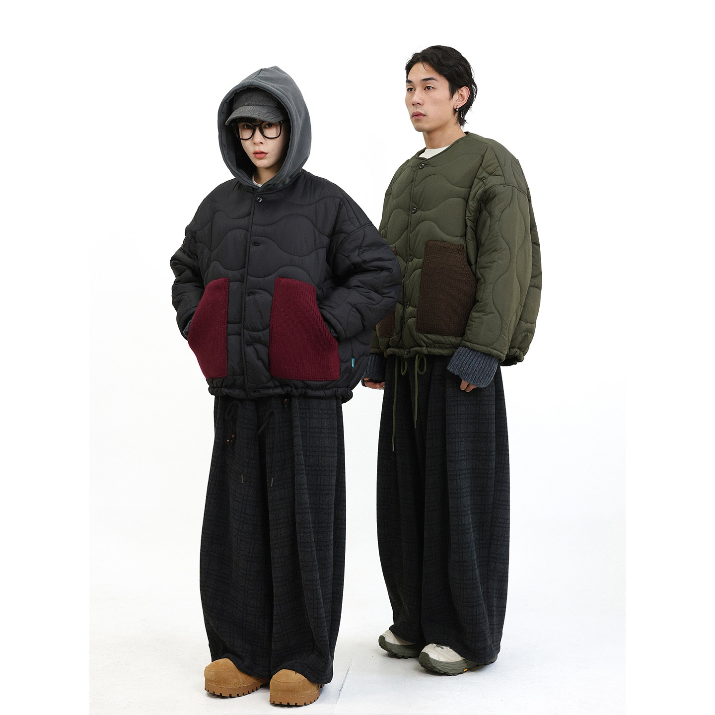 TRIFFER复古圆领绗缝棉衣羊毛针织拼接撞色男女款