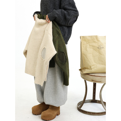 TRIFFER复古圆领短宽针织毛衣 羊毛混织拉毛工艺补丁做旧男女款