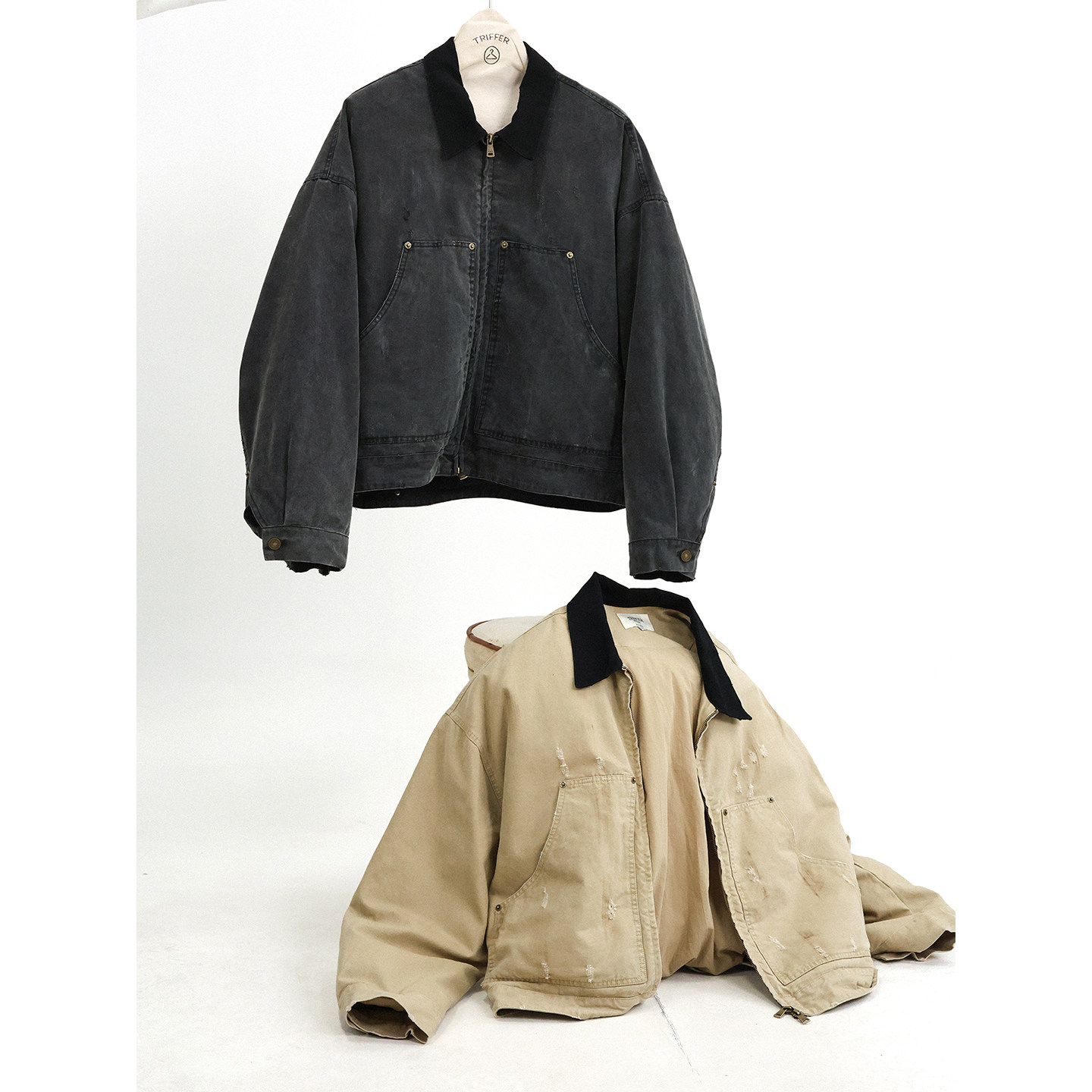 TRIFFER复古羽绒服外套磨破擦色做旧重磅水洗工衣短宽男女款