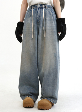 TRIFFER26ss复古阔版牛仔裤擦色磨破做旧男女款