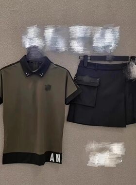 韩国夏季高尔夫女装速干修身显瘦黑色短袖A字防走光短裙裤裙套装