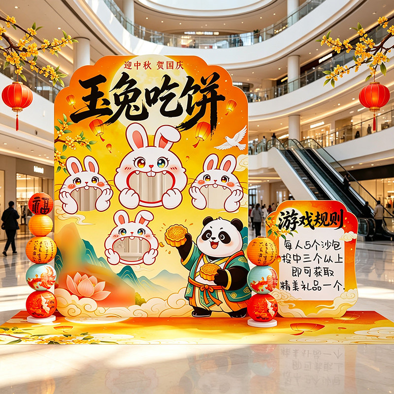 中秋节游戏道具玉兔钓月饼套圈活动氛围场景布置装饰背景墙kt展板