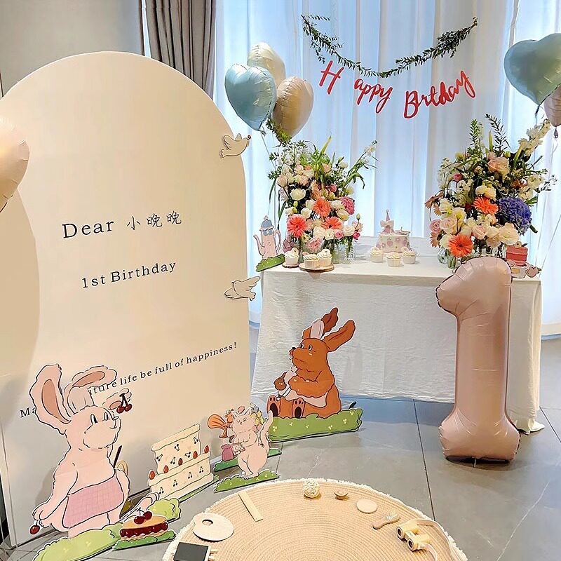 婴儿宝宝一周岁网红森系生日场景布置百日宴kt板背景墙氛围感装饰图片