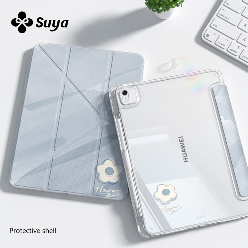 SUYA苏雅蓝色小花适用华为matepad11.5s平板保护壳matepadpro保护套air12英寸se透明亚克力外壳子带笔槽三y折