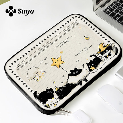 苏雅黑夜猫咪笔记本电脑内胆包适用华为matebook14寸苹果macbookair13.3女联想小新15.6保护套iPad平板收纳包