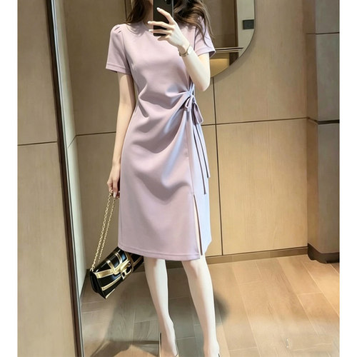 休闲法式紫色短袖t恤连衣裙女夏季设计感小众开叉收腰a字中长裙子