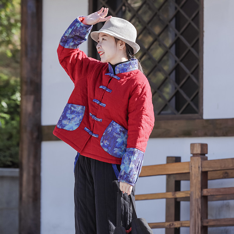 复古国风中式盘扣棉服撞色印花