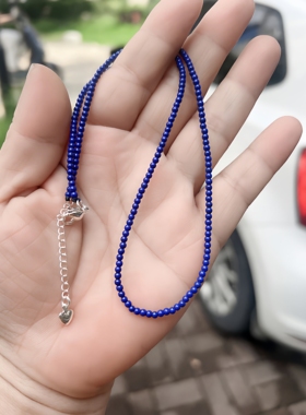 新中式天然青金石项链高品质克莱因蓝小米珠锁骨链小众显白女