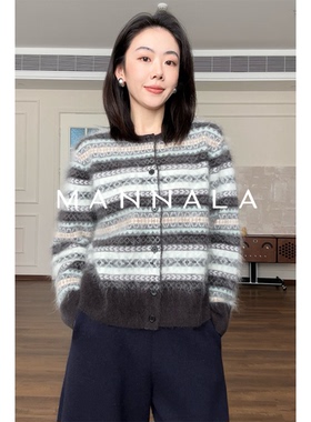 MANNALA丨“彩花条”北欧几何提花圆领山羊绒拉绒毛衣外套 Q4817
