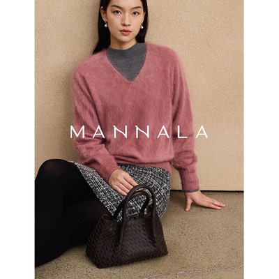 MANNALA丨“云端V领版”罕山白绒V领显瘦山羊绒皮草感毛衣 Q4815