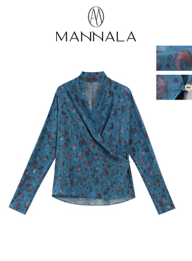 MANNALA丨“蓝黛”蓝色桑蚕丝晕染印花围裹式长袖真丝衬衣 Q2435