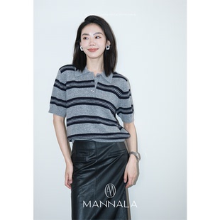MANNALA Q4138 条纹定律 通勤层次撞色山羊绒条纹POLO领针织衫