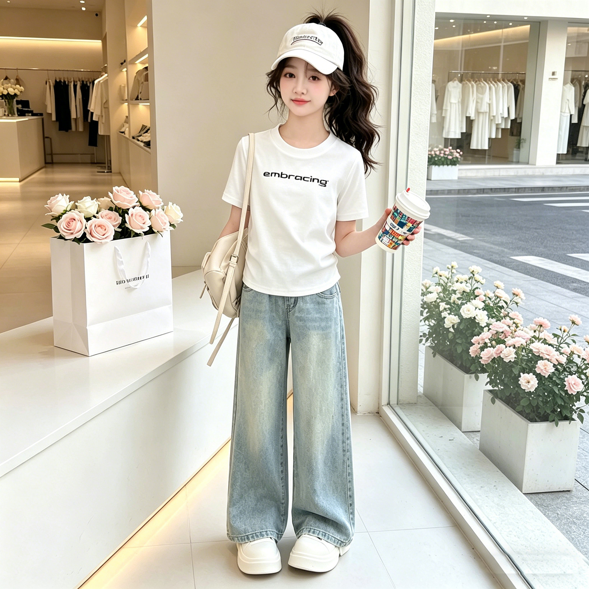 女童夏季套装2026新款洋气小女孩后背镂空短袖牛仔裤夏装两件套潮