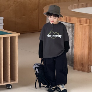 童酷2026春季新款湖州织里童装韩版男童假两件山系印花儿童T恤潮