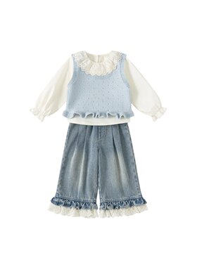 宥宝童装女童套装纯色针织背心白色衬衫牛仔裤儿童时髦三件套潮
