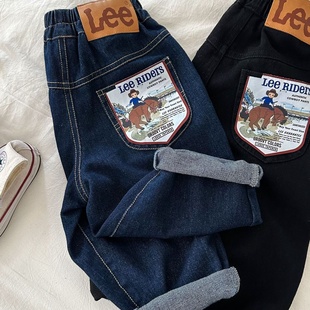 宝宝简约直筒裤 儿童长裤 男女童皮标卡通牛仔裤 新品 2026眯眯眼春季