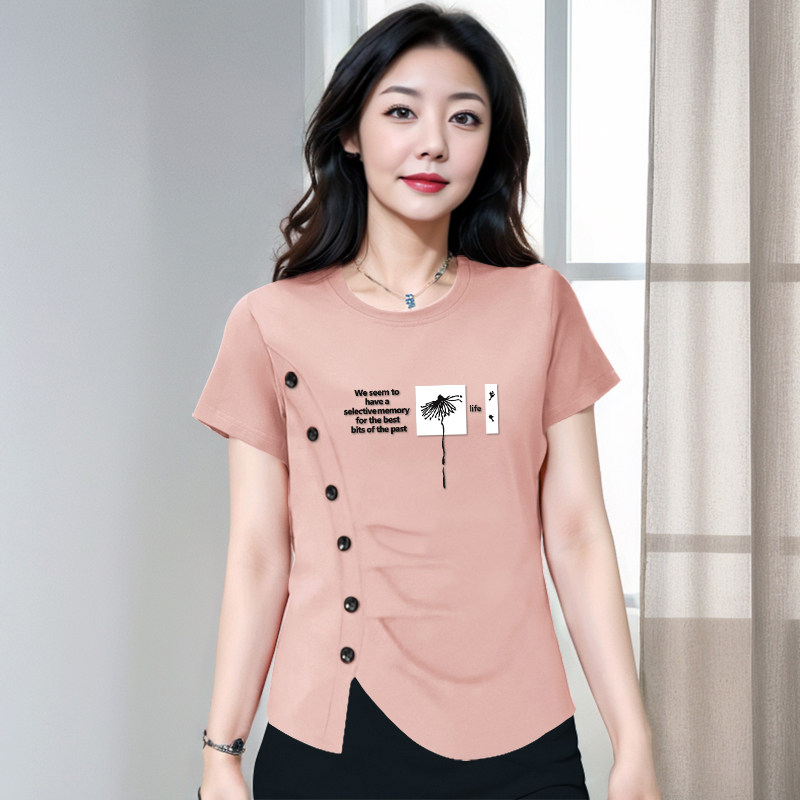 中年妈妈短袖t恤女纯棉夏装显瘦2024新款上衣中年全棉妇女装夏季