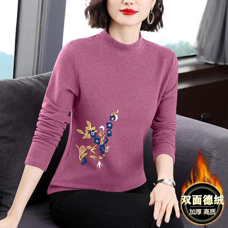 半高领德绒长袖t恤上衣女妈妈秋冬季内搭中年黑色加绒保暖打底衫