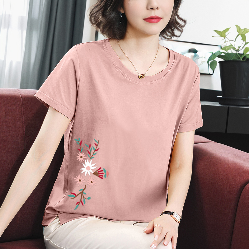 妈妈纯棉短袖t恤女新款2025年夏装国风中年女士宽松大码上衣气质