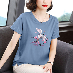 中年妈妈夏装新款时尚中国风短袖纯棉T恤女装夏季中老年人上衣服