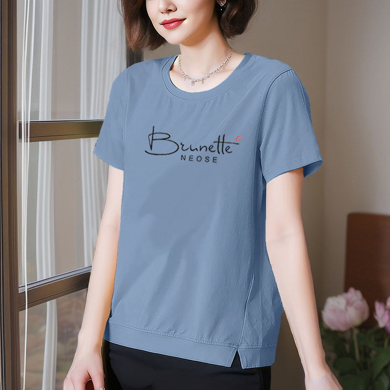 妈妈纯棉短袖t恤女2024夏天宽松洋气上衣中年女士减龄显瘦体恤衫
