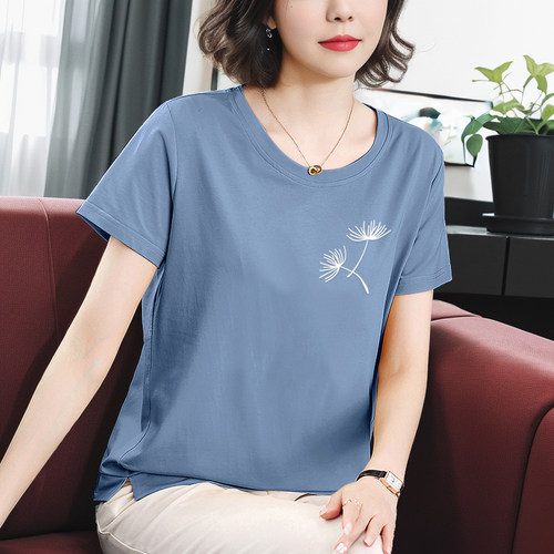 短袖妈妈装纯棉T恤女夏季休闲百搭上衣宽松大码中年女士全棉夏装