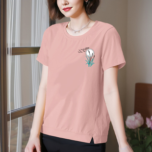 中年妈妈装 新款 宽松大码 时尚 女 夏装 上衣半袖 纯棉T恤女士圆领短袖