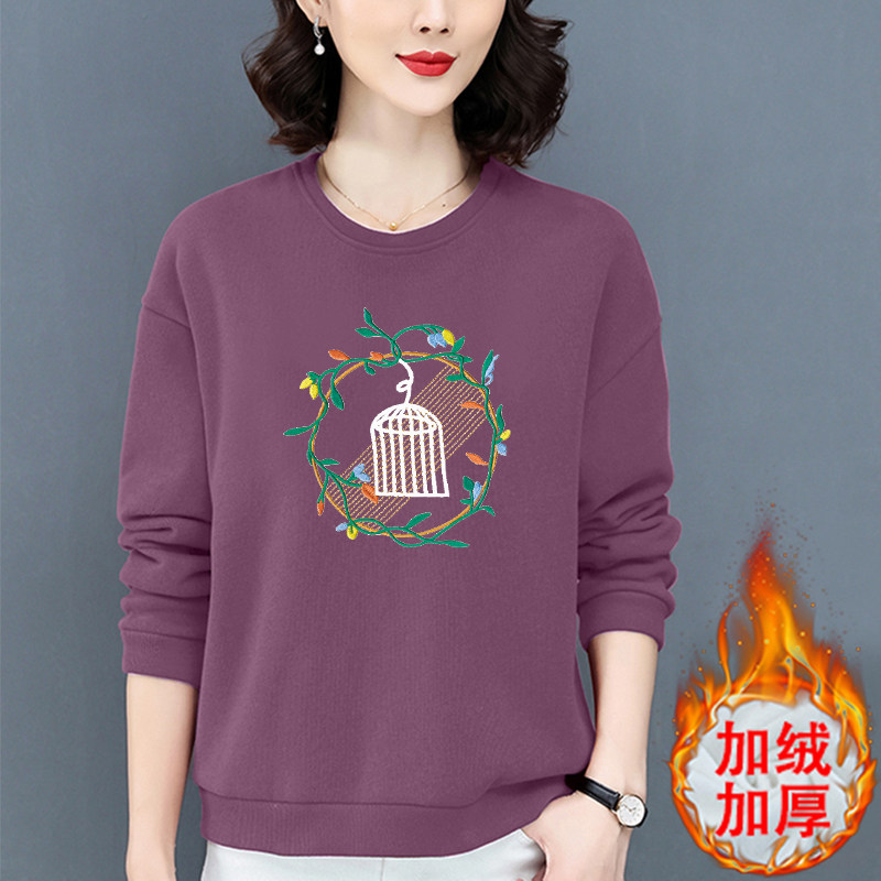 加绒加厚圆领卫衣女2024秋冬季中年妈妈新款宽松大码保暖时尚上衣