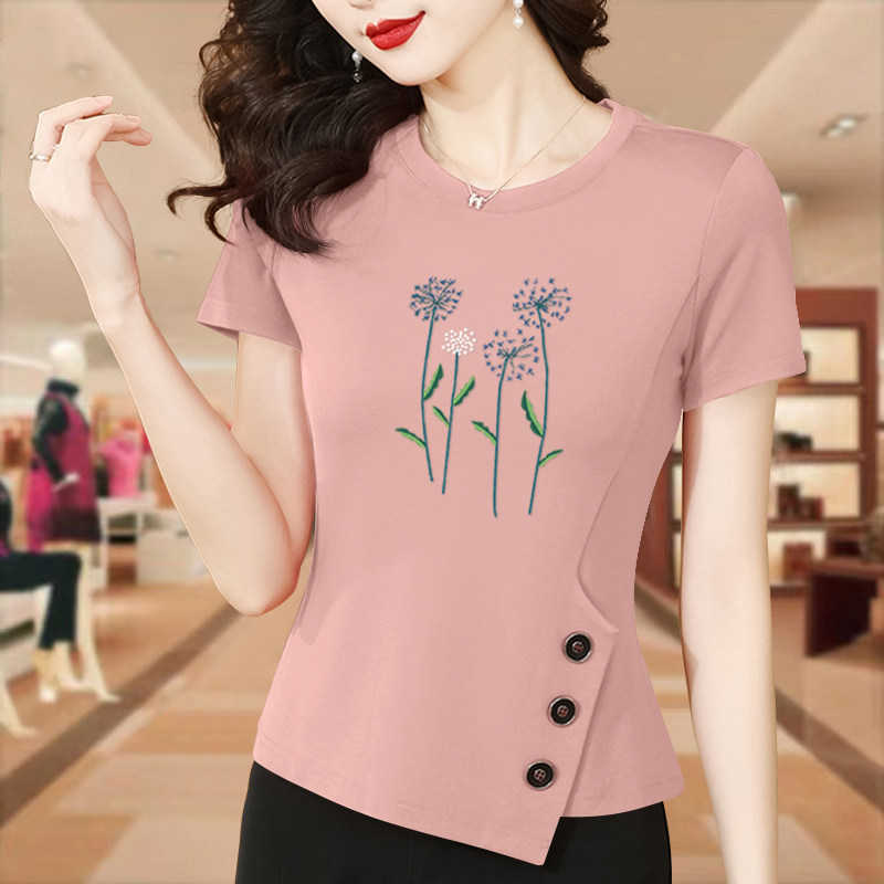 妈妈纯棉短袖T恤女装新款休闲上衣中年女士减龄时尚夏装体恤衫潮