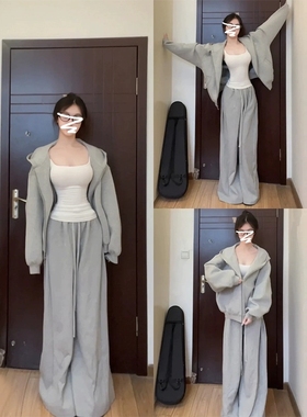 跑步灰色运动服套装女秋宽松显瘦韩版卫衣纯棉休闲两件套时尚洋气