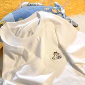 T短柚上衣男 休闲百搭大码 刺绣猫咪金鱼260g品质纯棉t恤女夏季 新款