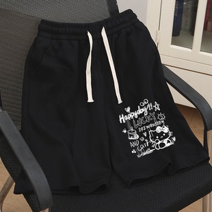 线条kt猫短裤女夏季新款潮牌宽松大码五分裤美式字母休闲运动裤子