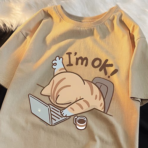 纯棉短袖t恤男女夏季新款imok工作猫咪宽松大码学生ins小众上衣服