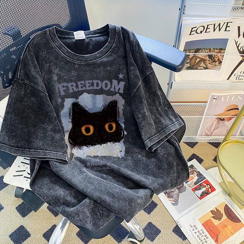 水洗黑色260g重磅纯棉t恤女男夏季新款复古猫咪宽松大码休闲T上衣