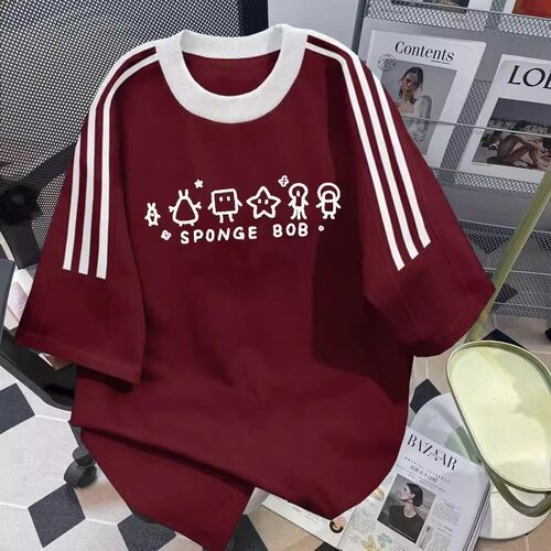 夏季宽松拼接281g重磅纯棉短袖t恤男女美式三条杠简约字母T上衣服