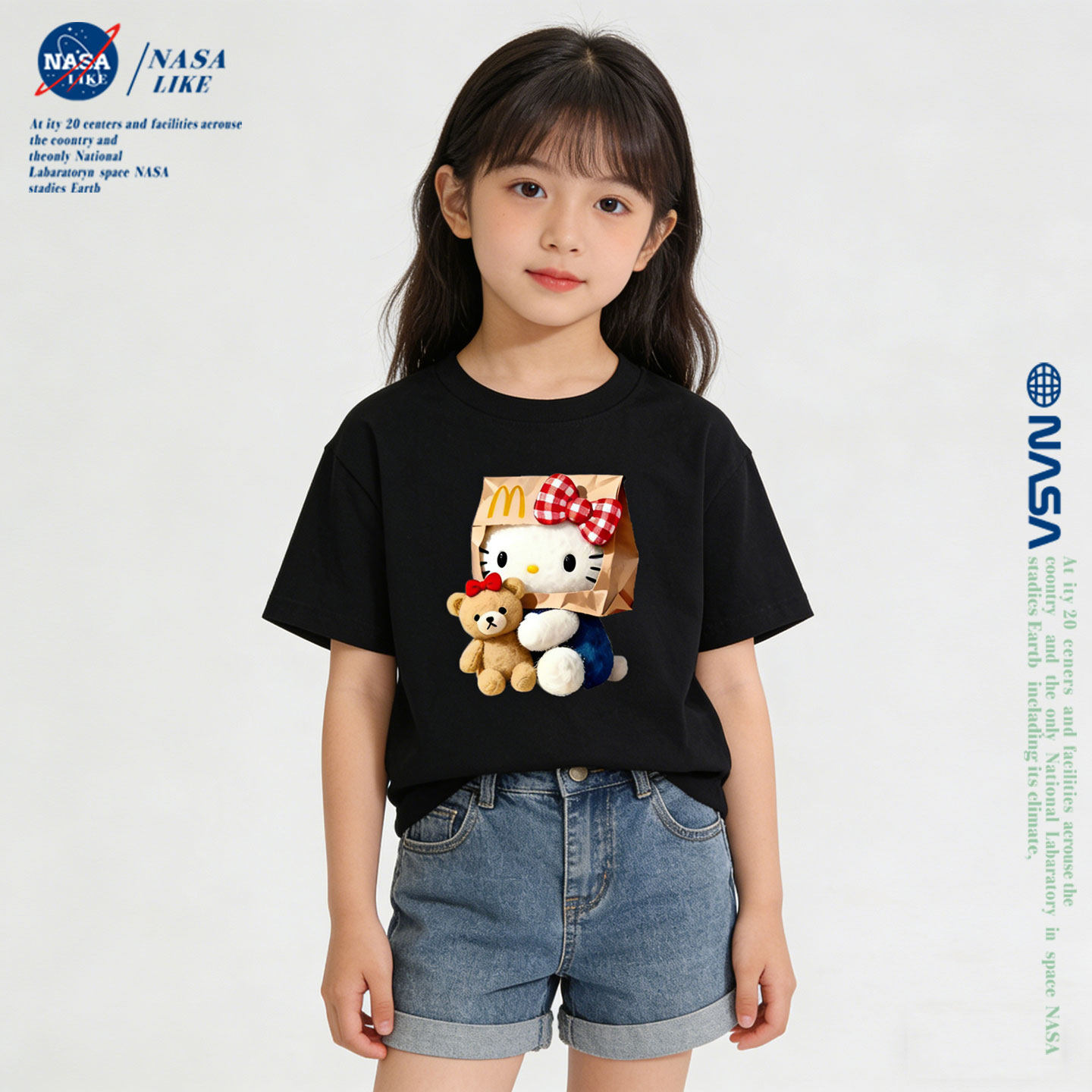 NASA联名HelloKitty卡通印花儿童短袖T恤男女童宽松百搭纯棉半袖