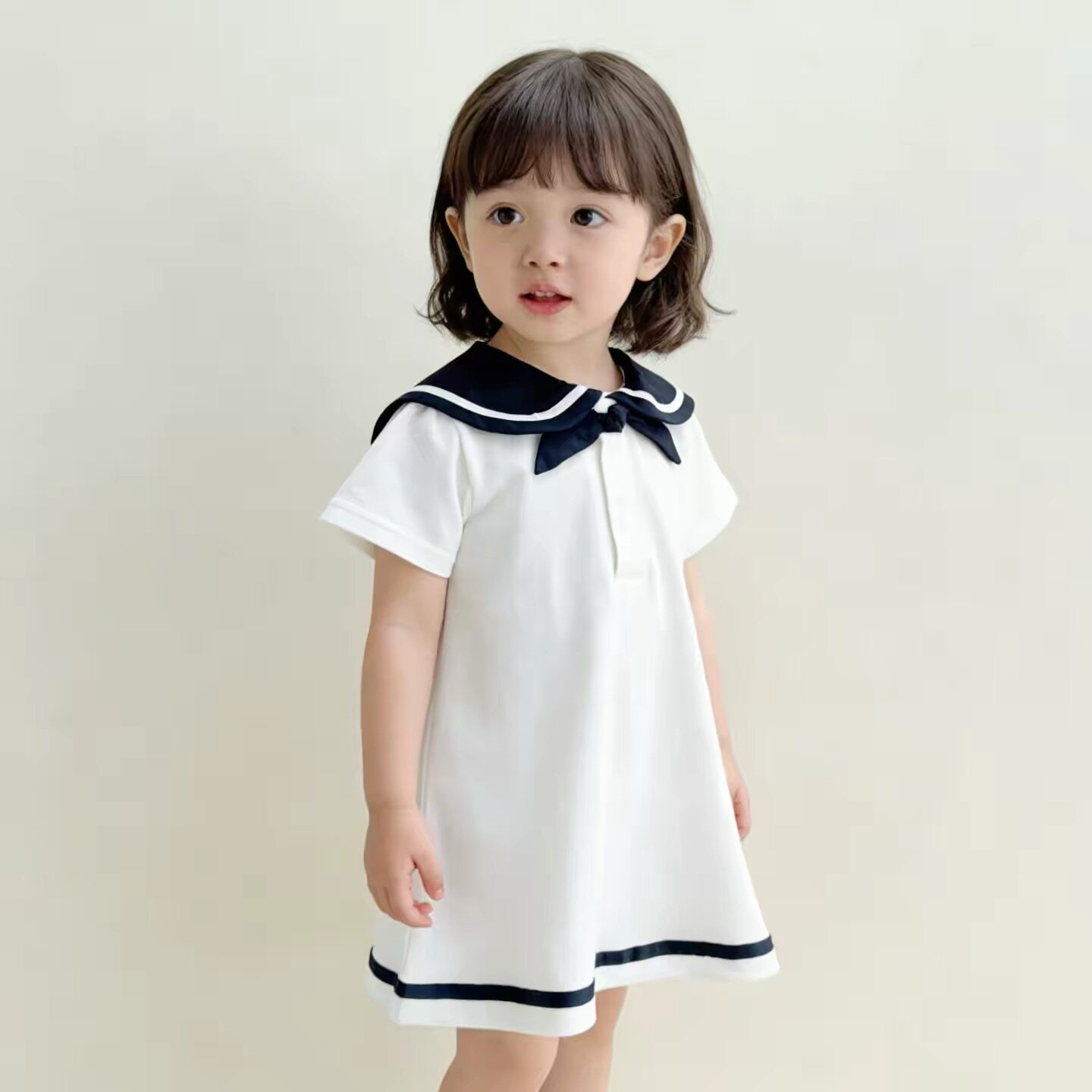 新款女宝宝夏季短袖连衣裙海军领POLO裙子ins风短袖裙90-120