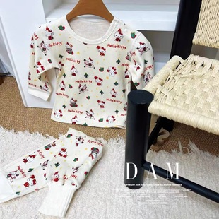 儿童高腰护肚家居服卡通满印星星人小新加厚睡衣套装可爱宝宝秋衣