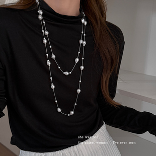 满天星人造珍珠双层叠戴项链女2025新款夸张锁骨链颈链长款配饰品