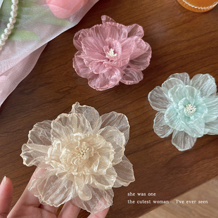 山茶花网纱发夹女超仙侧边夹气质鸭嘴夹森系仙美花朵刘海发卡饰品