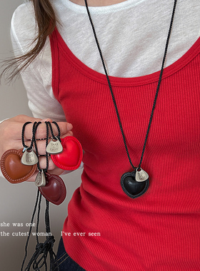 fever同款爱心包包皮革项链女小众设计毛衣链潮流锁骨链吊坠配饰~