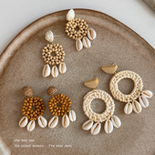 波西米亚草编贝壳耳环女海边度假风耳钉耳坠耳圈夸张个性 夏天耳饰