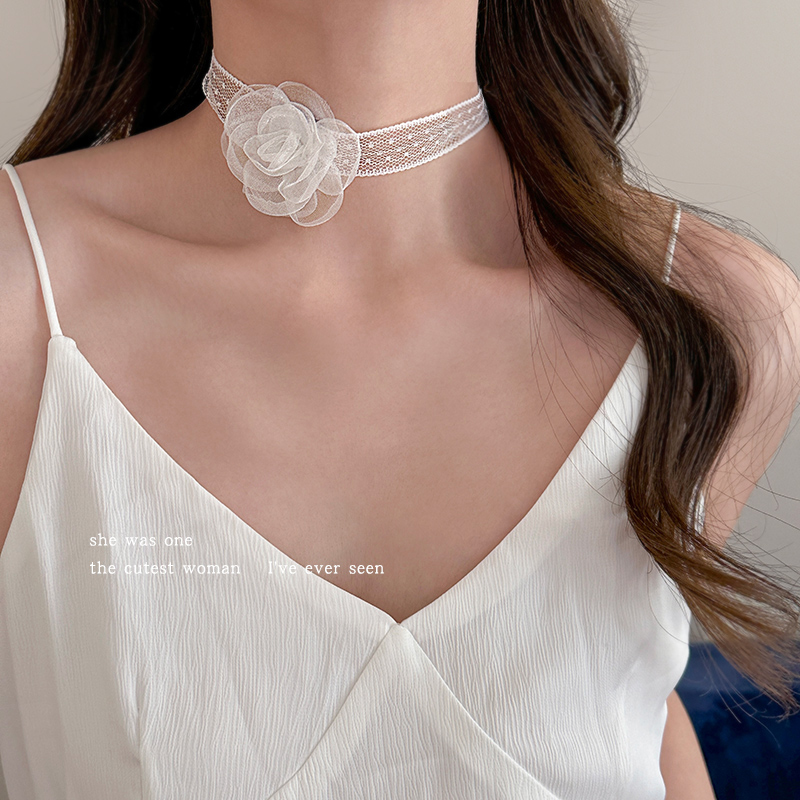 超仙网纱蕾丝山茶花朵choker颈链