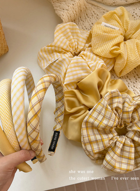 元气少女黄色系格纹发箍高颅顶发卡秋冬缎面大肠发圈皮筋头绳头饰