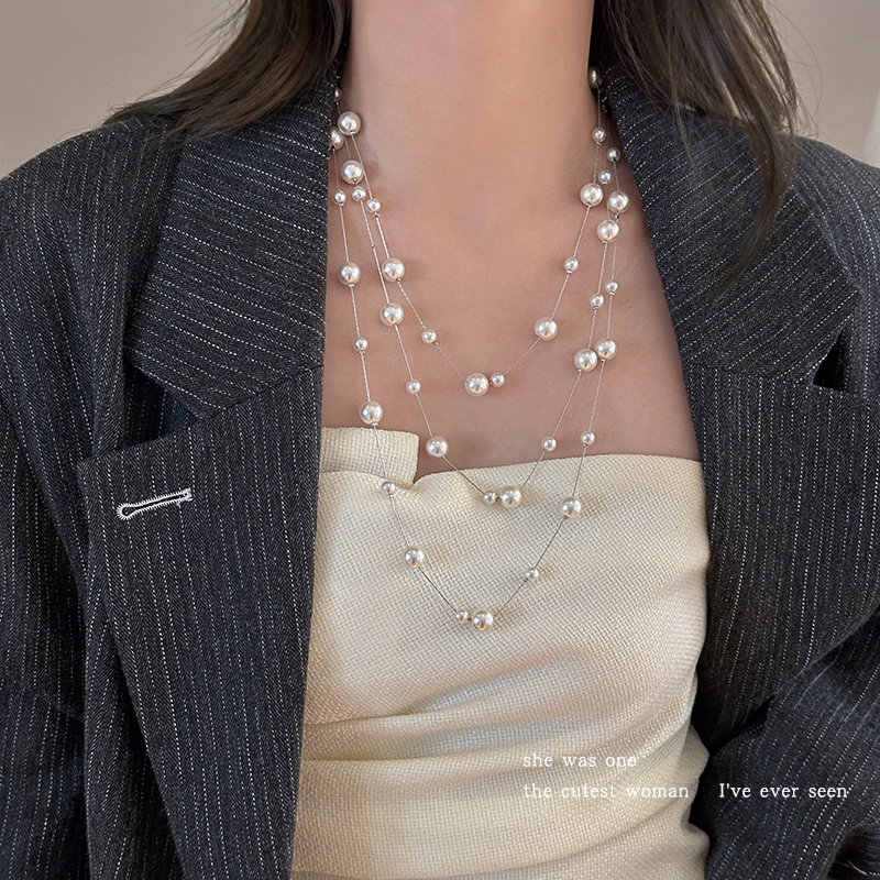 满天星叠戴仿珍珠项链女款锁骨链
