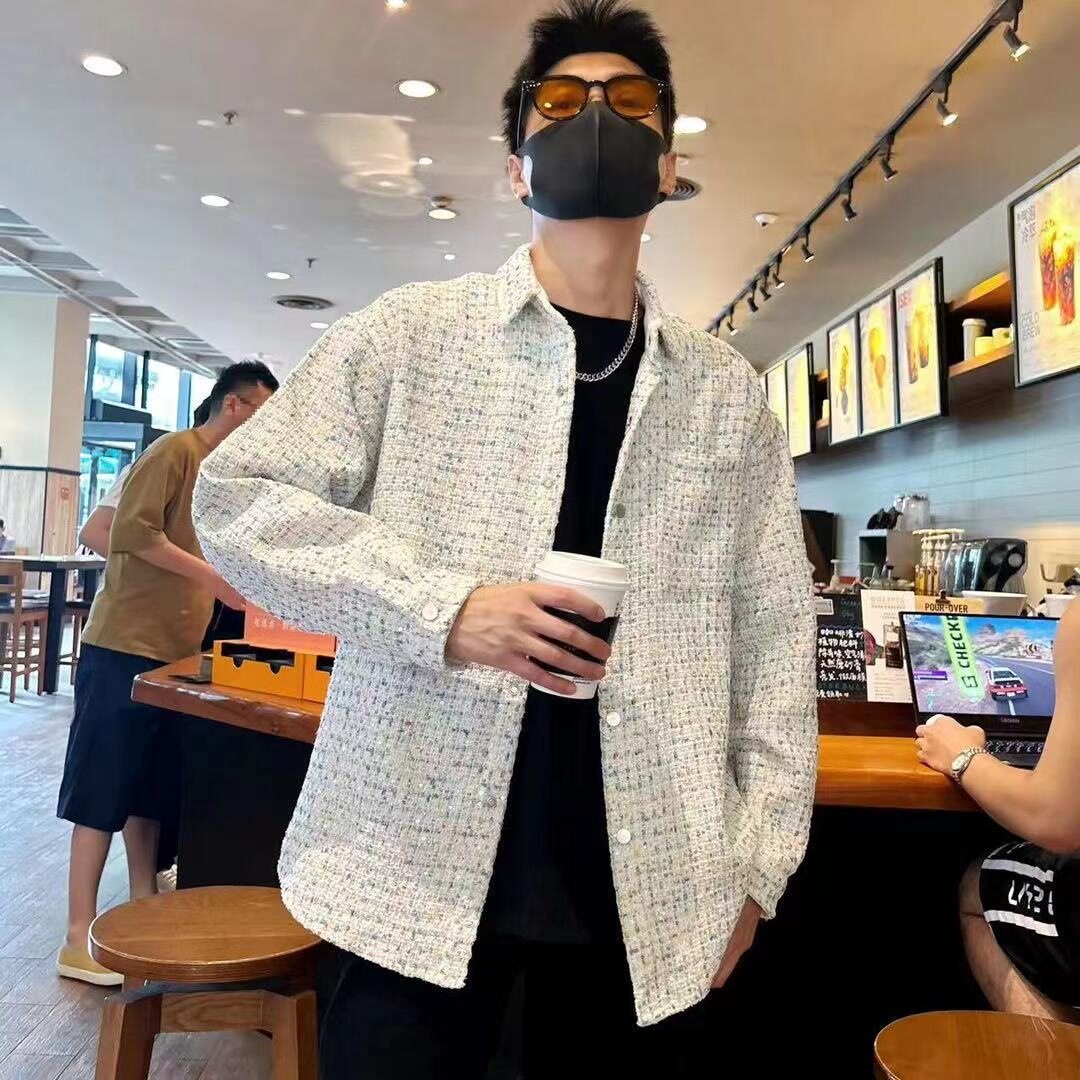 帅小伙亮片发型师衬衫士休闲外套男春秋季韩版痞夹克上衣潮牌宽松