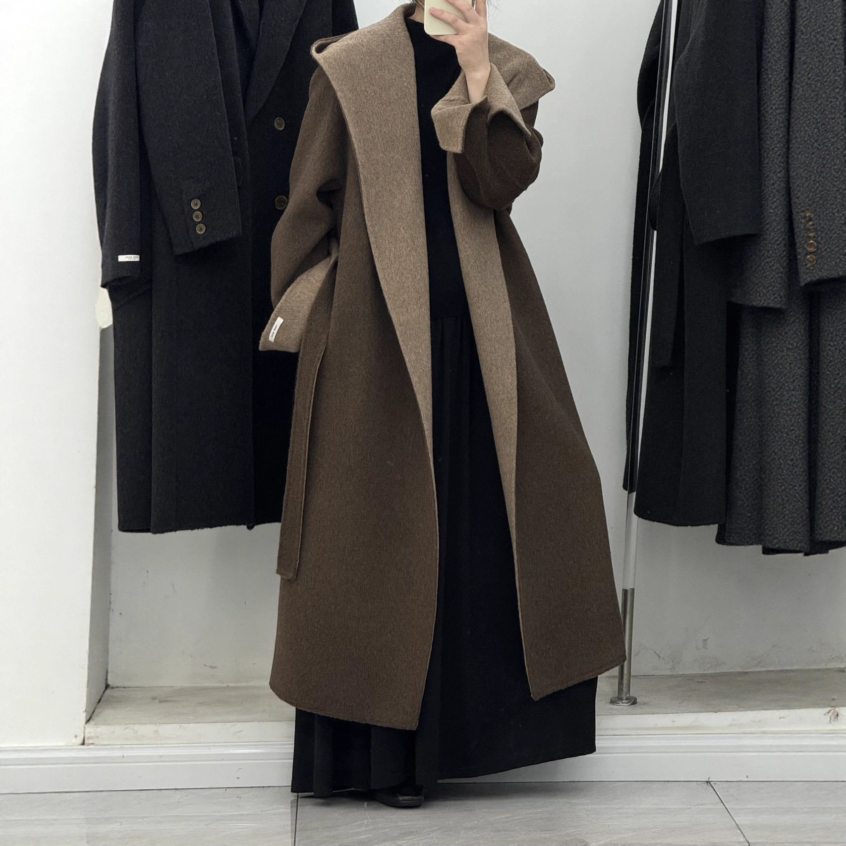 新款女装秋冬加长款撞色宽松韩系毛呢外套连帽双面呢羊毛大衣女